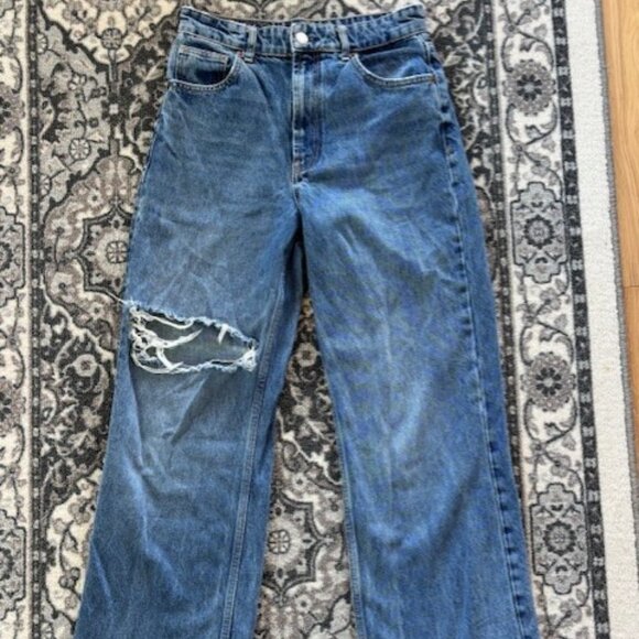 Zara Jeans 8 Destroyed High Rise Straight Leg Ankle Fringe Med Wash Streetwear - Picture 1 of 9